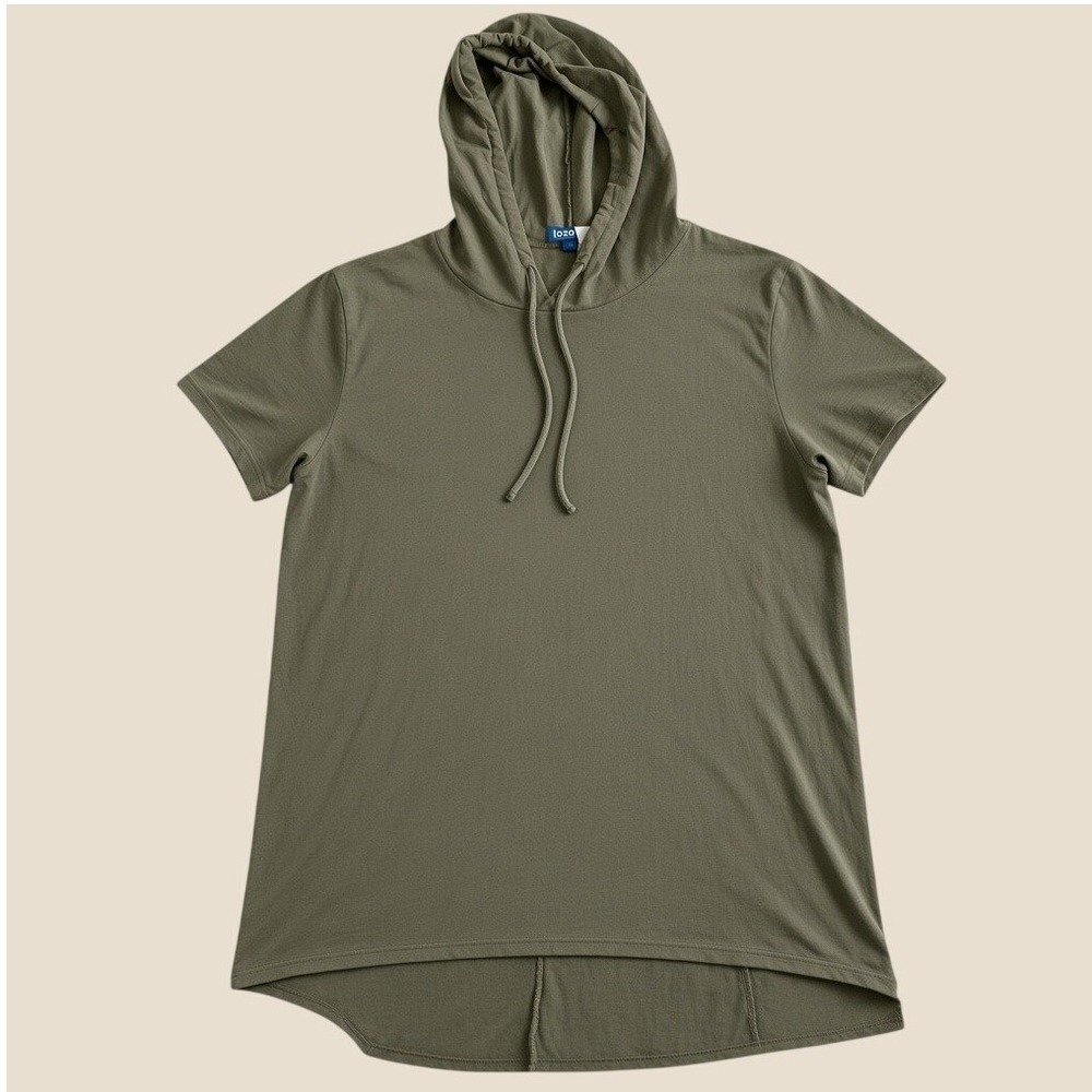 H&M Divided Mens Short Sleeve Hooded T-Shirt Olive Brown High Low Hem Size M